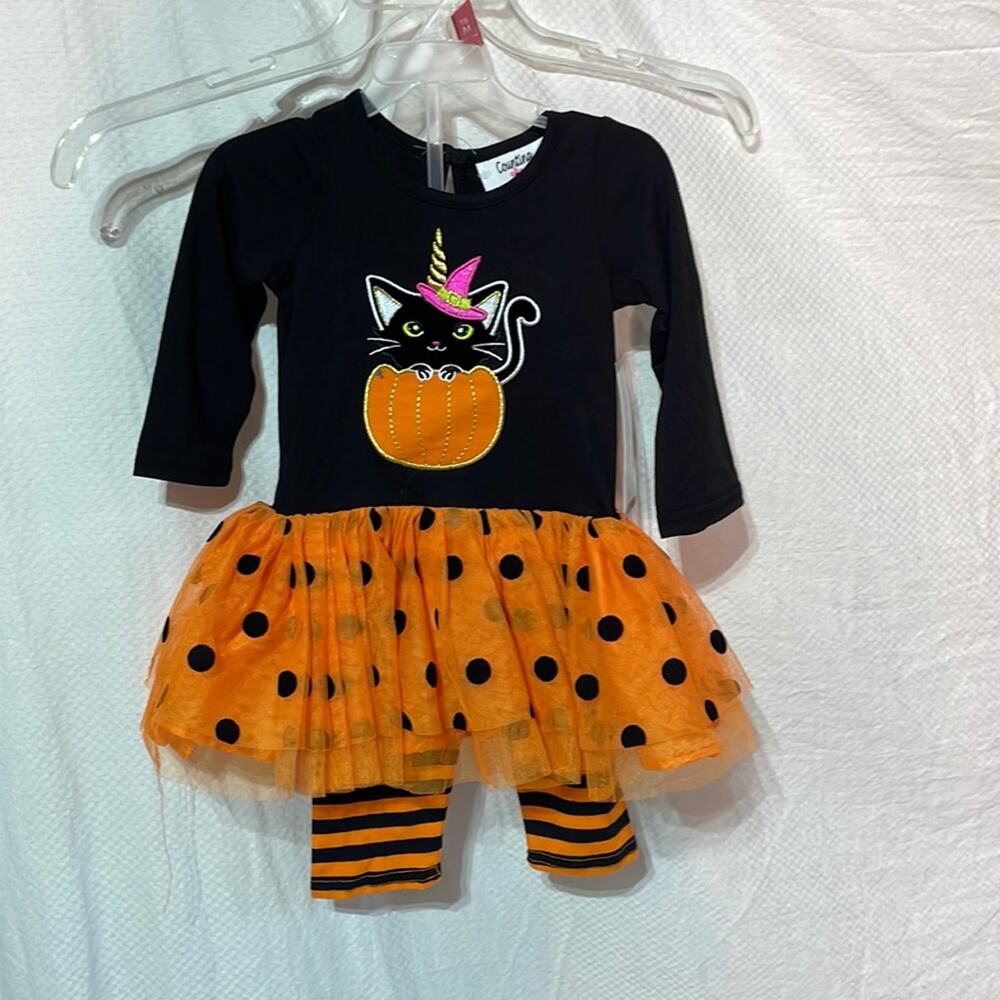 Counting Daisies 18m halloween black cat in pumpkin tutu dress legging combo nwt